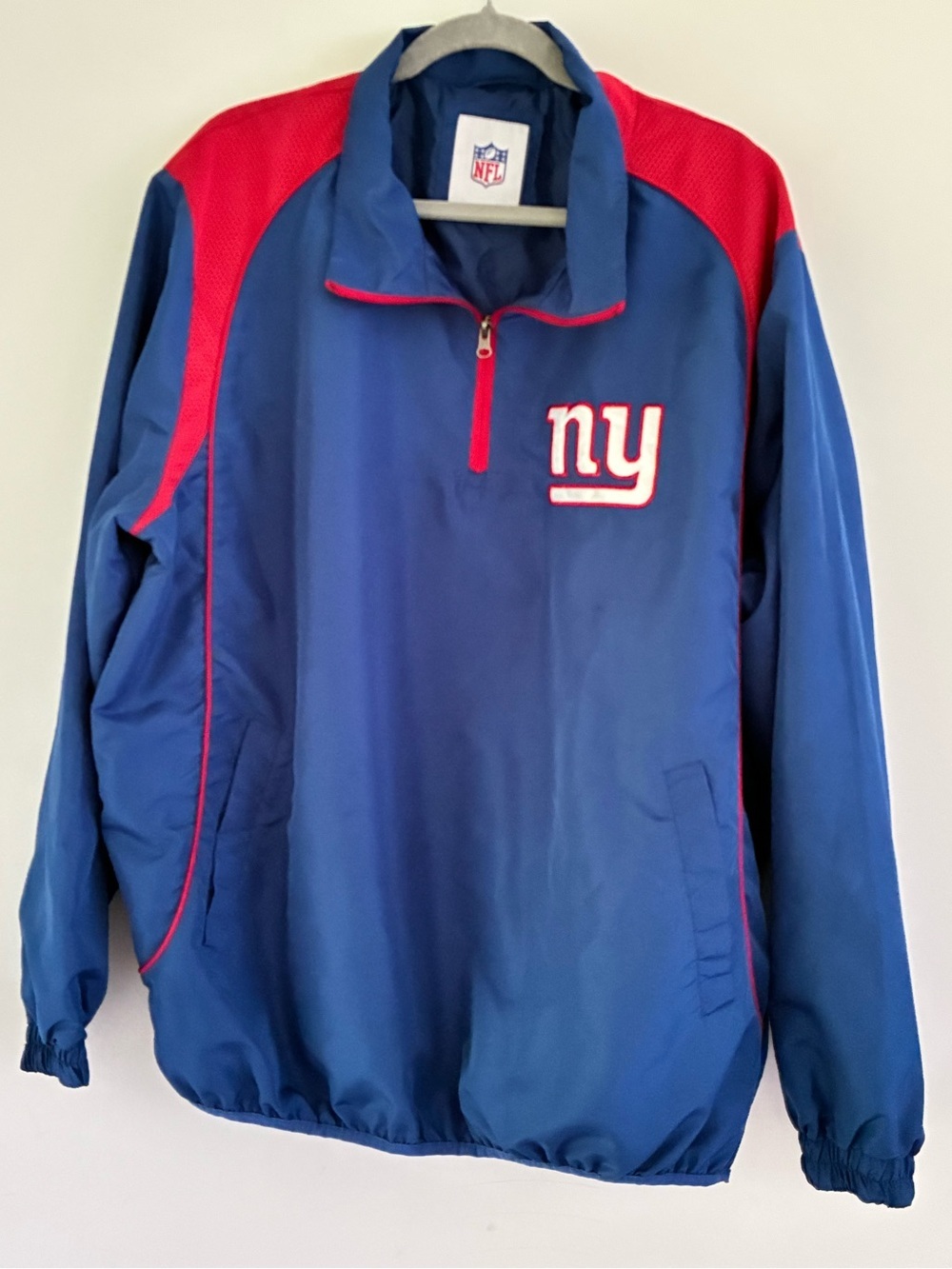 NFL New York Giants Royal Blue Pullover Windbreaker Red Accents XL *small flaw
